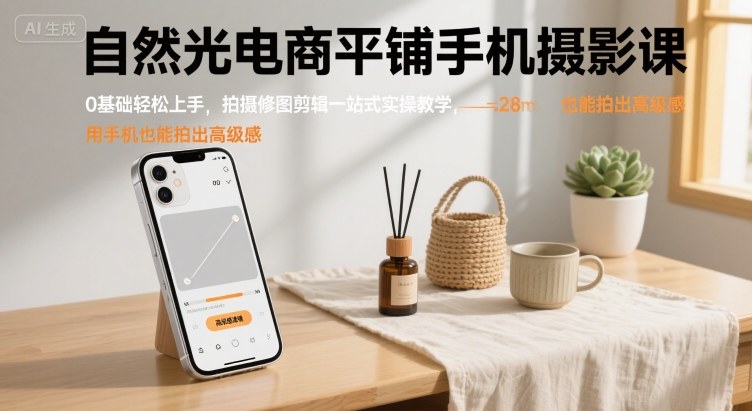 自然光电商平铺手机摄影课,0基础轻松上手,拍摄修图剪辑一站式实操教学,用手机也能拍出高级感-创享网