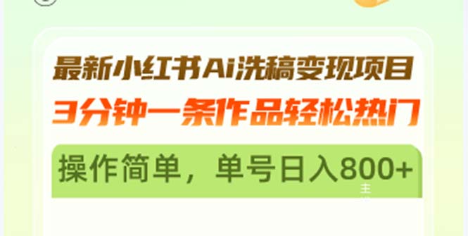 最新小红书Ai洗稿变现项目 3分钟一条作品轻松热门 操作简单，单号日入800+ - 创享网-创享网
