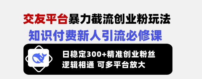 交友平台暴力截流创业粉玩法，知识付费新人引流必修课，日稳定300+精准创业粉丝，逻辑相通可多平台放大 - 创享网-创享网
