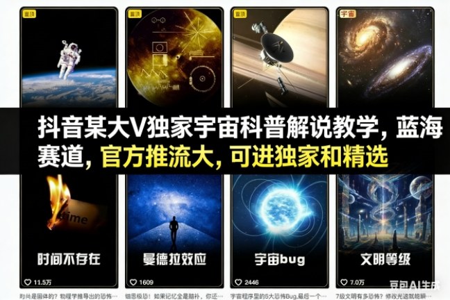 抖音某大V独家宇宙科普解说教学，蓝海赛道，官方推流大，可进独家和精选-创享网