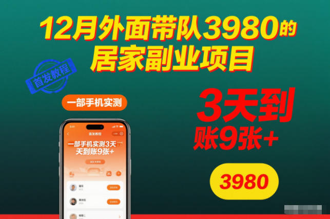 12月外面带队3980的居家副业项目,一部手机实测3天到账9张+,首发教程【揭秘】-创享网