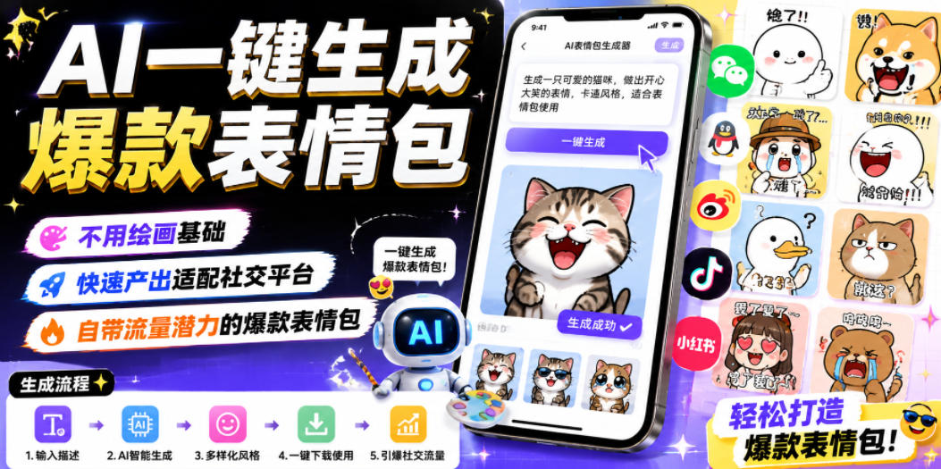 AI一键生成爆款表情包，不用绘画基础，快速产出适配社交平台，自带流量潜力的爆款表情包-创享网