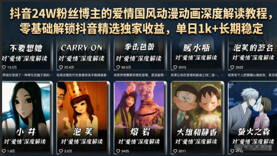 抖音24W粉丝博主的爱情国风动漫动画深度解读教程，零基础解锁抖音精选独家收益，单日1k+长期稳定-创享网