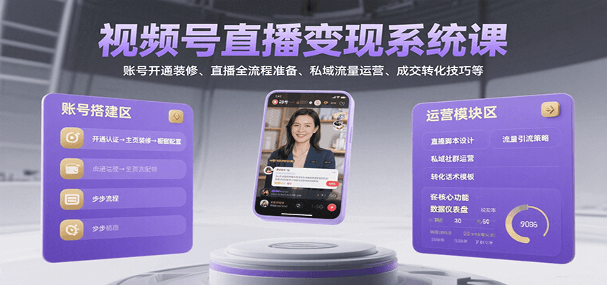 视频号直播变现系统课，账号开通装修、直播全流程准备、私域流量运营、成交转化技巧等 - 创享网-创享网