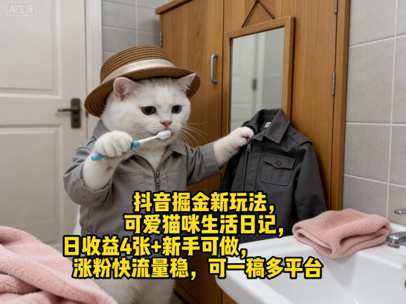 抖音掘金新玩法，可爱猫咪生活日记，日收益4张+新手可做，涨粉快流量稳，可一稿多平台 - 创享网-创享网