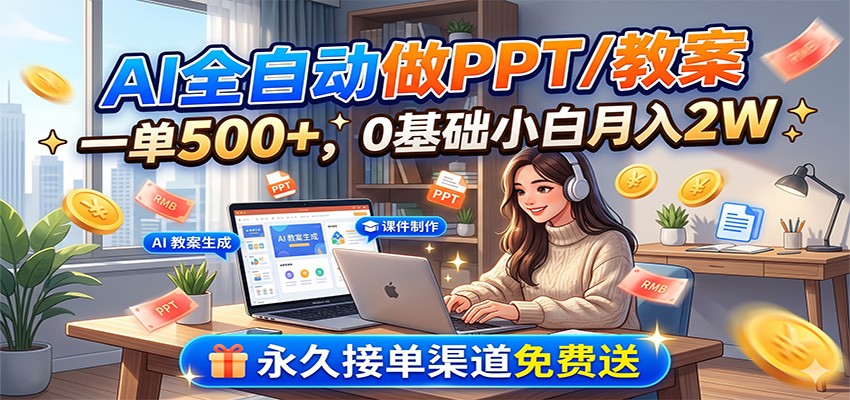 AI全自动做PPT/教案，一单500+，0基础小白月入2W，永久接单渠道免费送-创享网