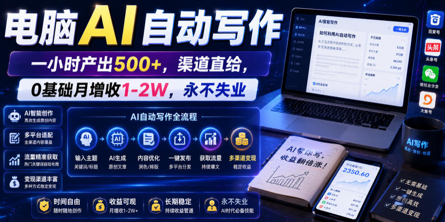 电脑AI自动写作，一小时产出500+，渠道直给，0基础月增收1-2W，永不失业【揭秘】-创享网