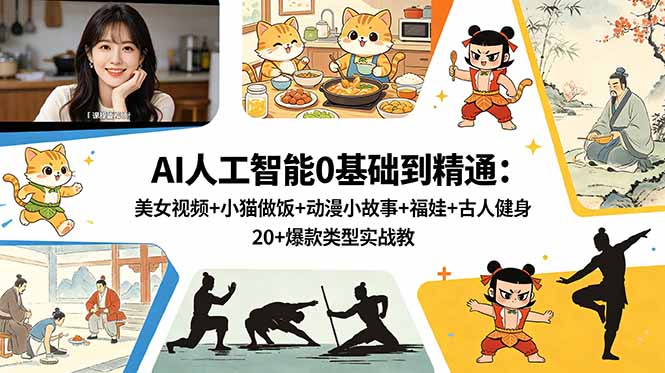 AI人工智能0基础到精通：美女视频+小猫做饭+动漫小故事+福娃+古人健身，20+爆款类型实战教学-创享网