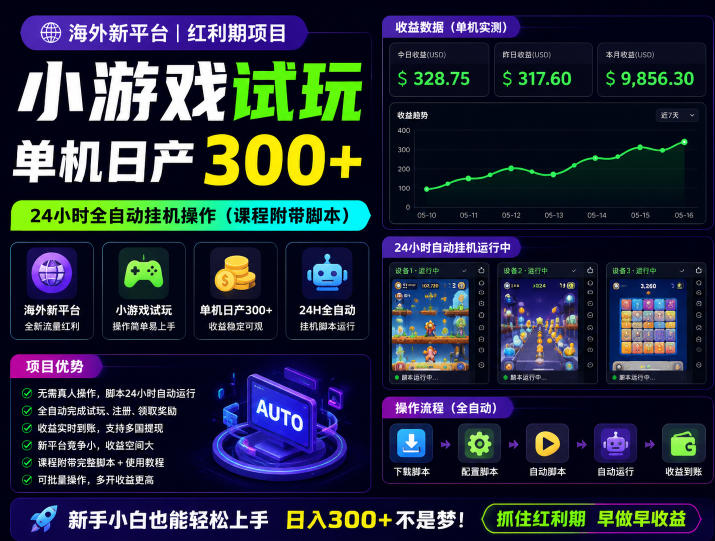 海外新平台，小游戏试玩，单机日产300+，24小时全自动挂G操作(课程附带脚本)【揭秘】-创享网