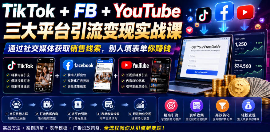 TikTok+FB+YouTube三大平台引流变现实战课，通过社交媒体获取销售线索，别人填表单你賺钱【原创双语字幕】 - 创享网-创享网