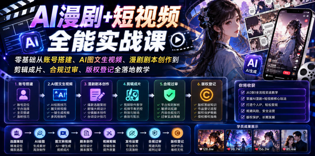 AI漫剧+短视频全能实战课｜零基础从账号搭建、AI图文生视频、漫剧剧本创作到剪辑成片、合规过审、版权登记全落地教学-创享网