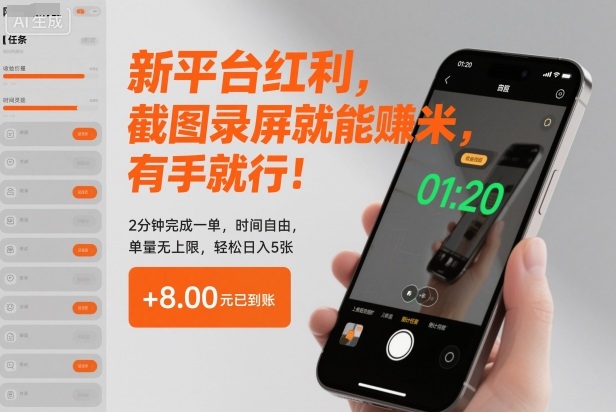 新平台红利，截图录屏就能賺米，有手就行！2分钟完成一单，时间自由，单量无上限，轻松日入5张【揭秘】-创享网