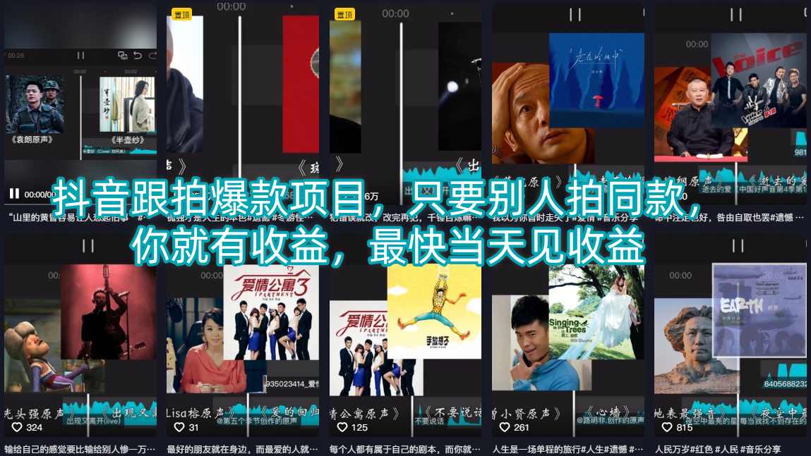 抖音跟拍爆款项目，只要别人拍同款，你就有收益，最快当天见收益 - 创享网-创享网
