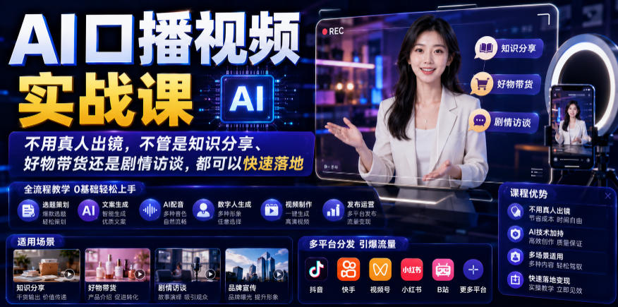 AI口播视频实战课，不用真人出镜，不管是知识分享、好物带货还是剧情访谈，都可以快速落地-创享网