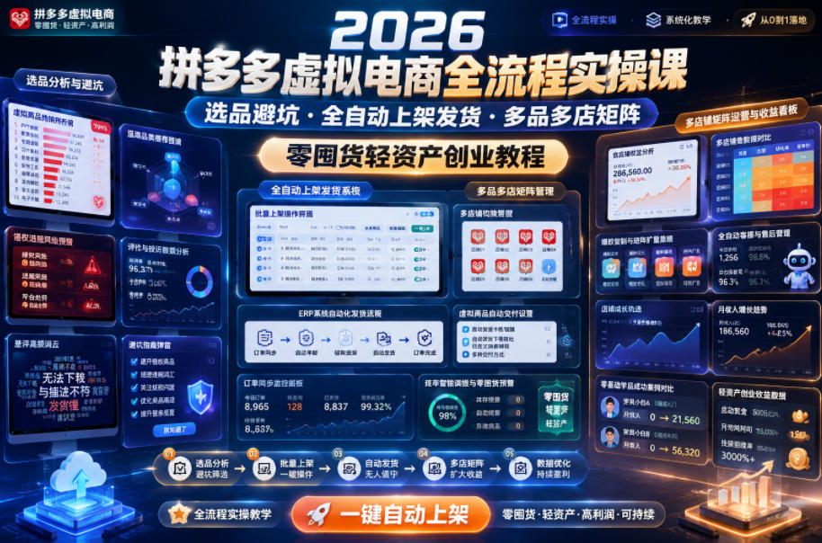 2026拼多多虚拟电商全流程实操课，选品避坑・全自动上架发货・多品多店矩阵，零囤货轻资产创业教程-创享网