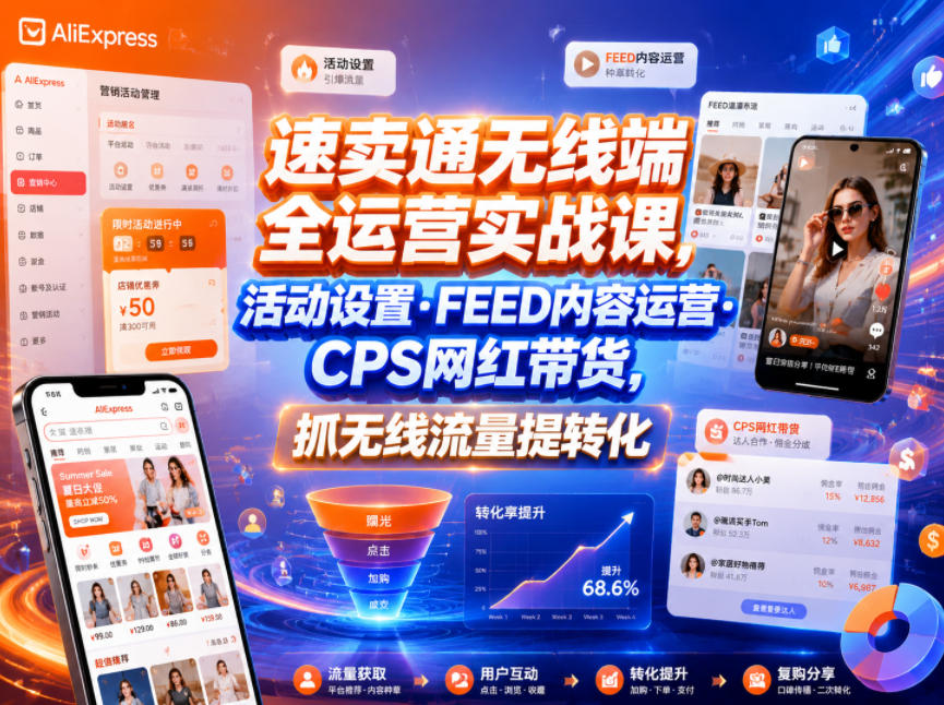 速卖通无线端全运营实战课，活动设置・FEED内容运营・CPS网红带货，抓无线流量提转化-创享网