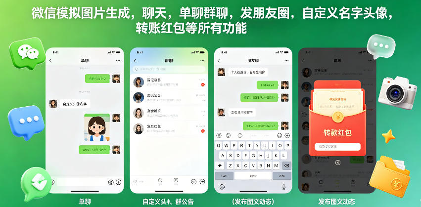 微信模拟图片生成，聊天，单聊群聊，发朋友圈，自定义名字头像，转账红包等所有功能都可以生成-创享网