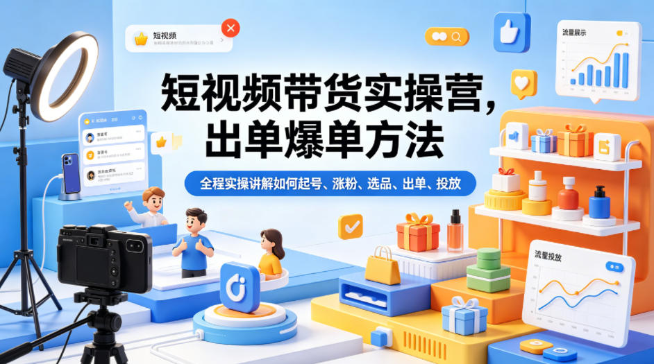 短视频带货实操营，出单爆单方法，全程实操讲解如何起号、涨粉、选品、出单、投放-创享网