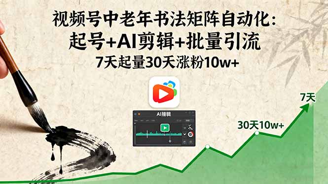 视频号中老年书法矩阵自动化：起号+AI剪辑+批量引流 7天起量30天涨粉10w+ - 创享网-创享网