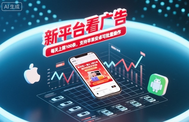 新平台看广告,养好机一条0.3到5米,每天上限100条,支持苹果安卓可批量操作-创享网