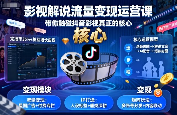 影视解说流量变现运营课,带你触碰抖音影视真正的核心