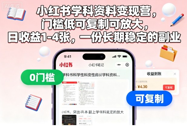 小红书学科资料变现营,门槛低可复制可放大,日收益1-4张,一份长期稳定的副业-创享网