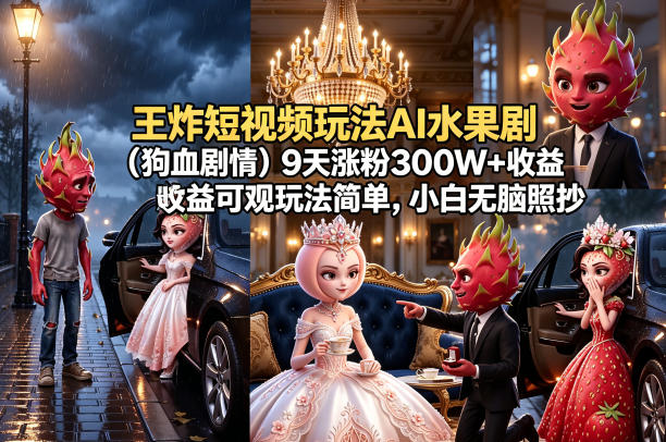 王炸短视频玩法AI水果剧(狗血剧情)9天涨粉300W+收益可观玩法简单，小白无脑照抄，详细拆解玩法 - 创享网-创享网