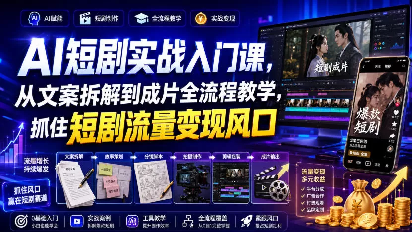 AI短剧实战入门课，从文案拆解到成片全流程教学，抓住短剧流量变现风口-创享网