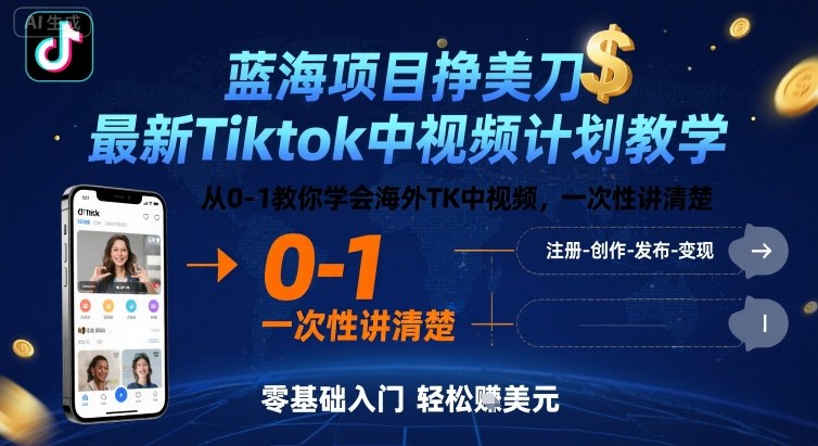 蓝海项目挣美刀,最新Tiktok中视频计划教学,从0-1教你学会海外TK中视频,一次性讲清楚-创享网