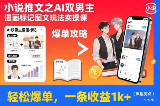 小说推文之AI双男主漫画标记图文玩法实操课，轻松爆单，一条收益1k+-创享网