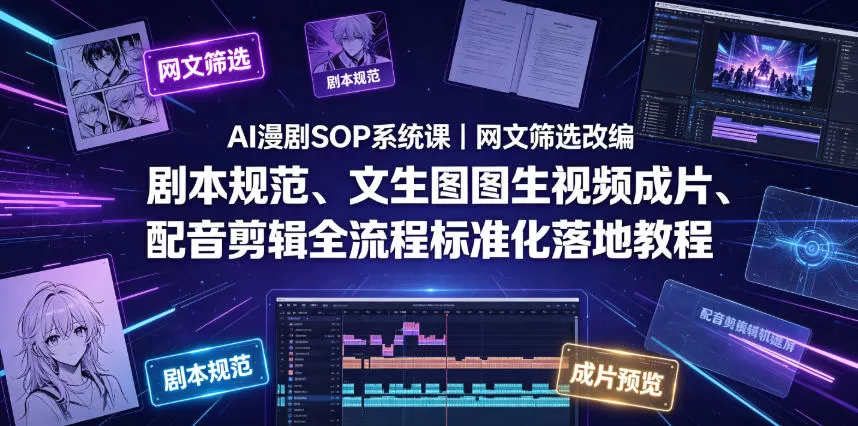 AI漫剧标准化SOP系统课|网文选本改编+分镜资产+图文成片+配音剪辑全链路标准化落地