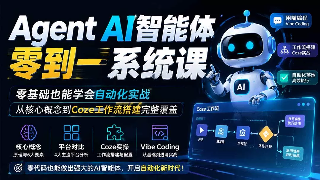 Agent AI智能体零到一系统课；零基础也能学会自动化实战，从核心概念到Coze工作流搭建完整覆盖-创享网