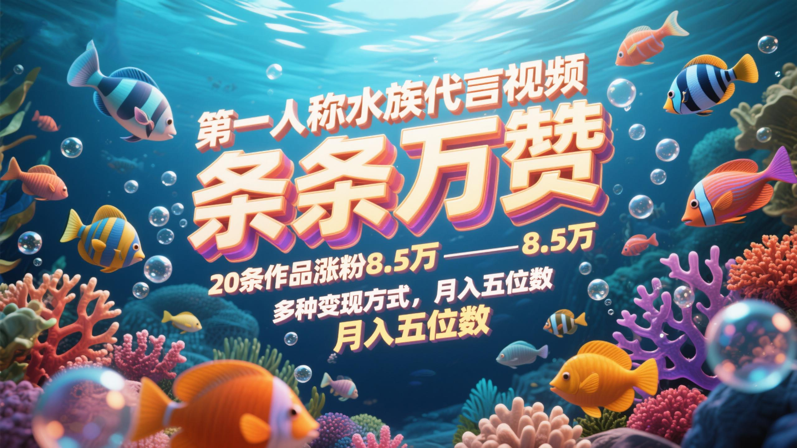第一人称水族代言视频，条条万赞，20条作品涨粉8.5万，多种变现方式月，入五位数 - 创享网-创享网