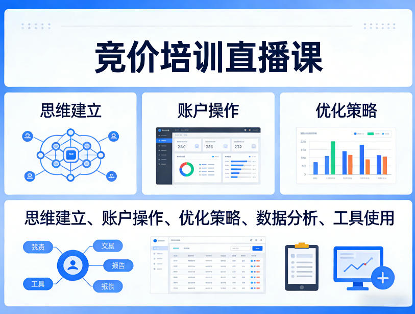 竞价培训直播课，覆盖思维建立、账户操作、优化策略、数据分析、工具使用等，全方位提升效果-创享网