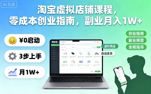 淘宝虚拟店铺课程，零成本创业指南，副业月入1W+-创享网