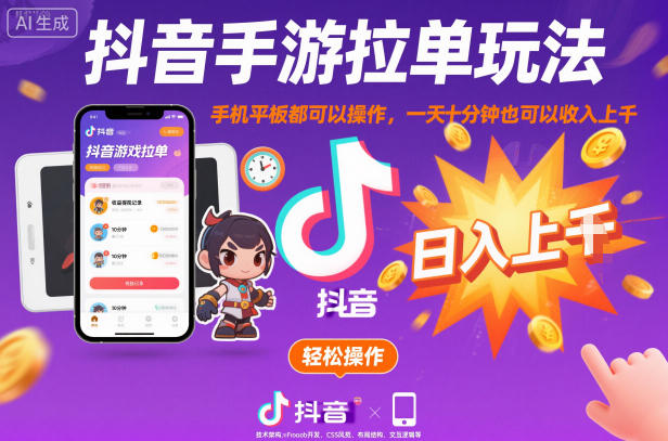 抖音手游拉单玩法，手机平板都可以操作，一天十分钟也可以收入上K【揭秘】-创享网