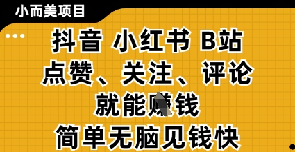 小而美的项目，抖音小红书B站视频点赞、关注、评论就能挣钱，简单无脑立见收益，妥妥的零撸项目【揭秘】 - 创享网-创享网