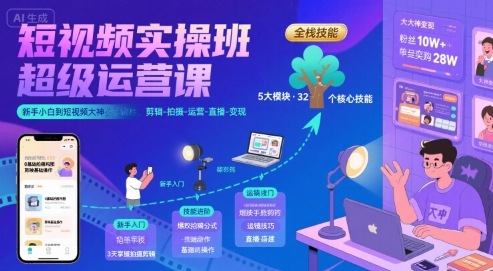 短视频实操班超级运营课，新手小白到短视频大神必修课程，剪辑-拍摄-运营-直播-变现 - 创享网-创享网