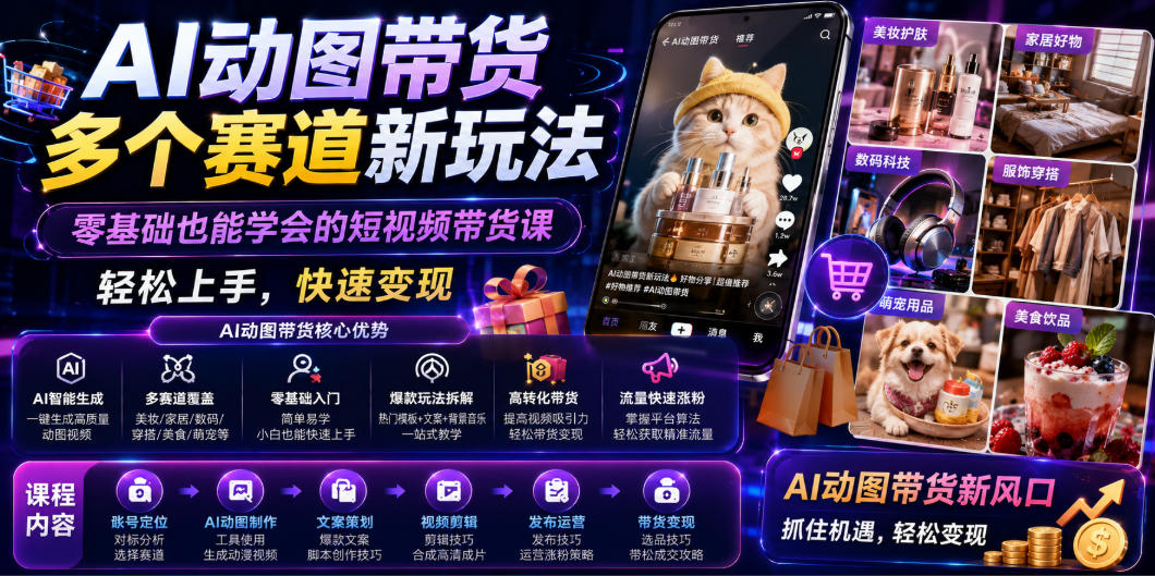 AI动图带货多个赛道新玩法，零基础也能学会的短视频带货课，轻松上手，快速变现-创享网