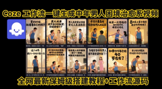 coze工作流一键生成”中年男人困境扎心高涨粉高播放量图文视频”保姆级拆解教程，无需剪辑，无需拍摄写文案 - 创享网-创享网