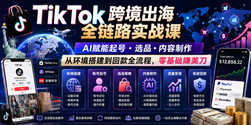 TikTok跨境出海全链路实战课，AI赋能起号・选品・内容制作，从环境搭建到回款全流程，零基础賺美刀-创享网