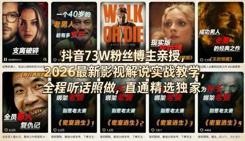 抖音73W粉丝博主亲授，2026最新影视解说实战教学，全程听话照做，直通精选独家-创享网